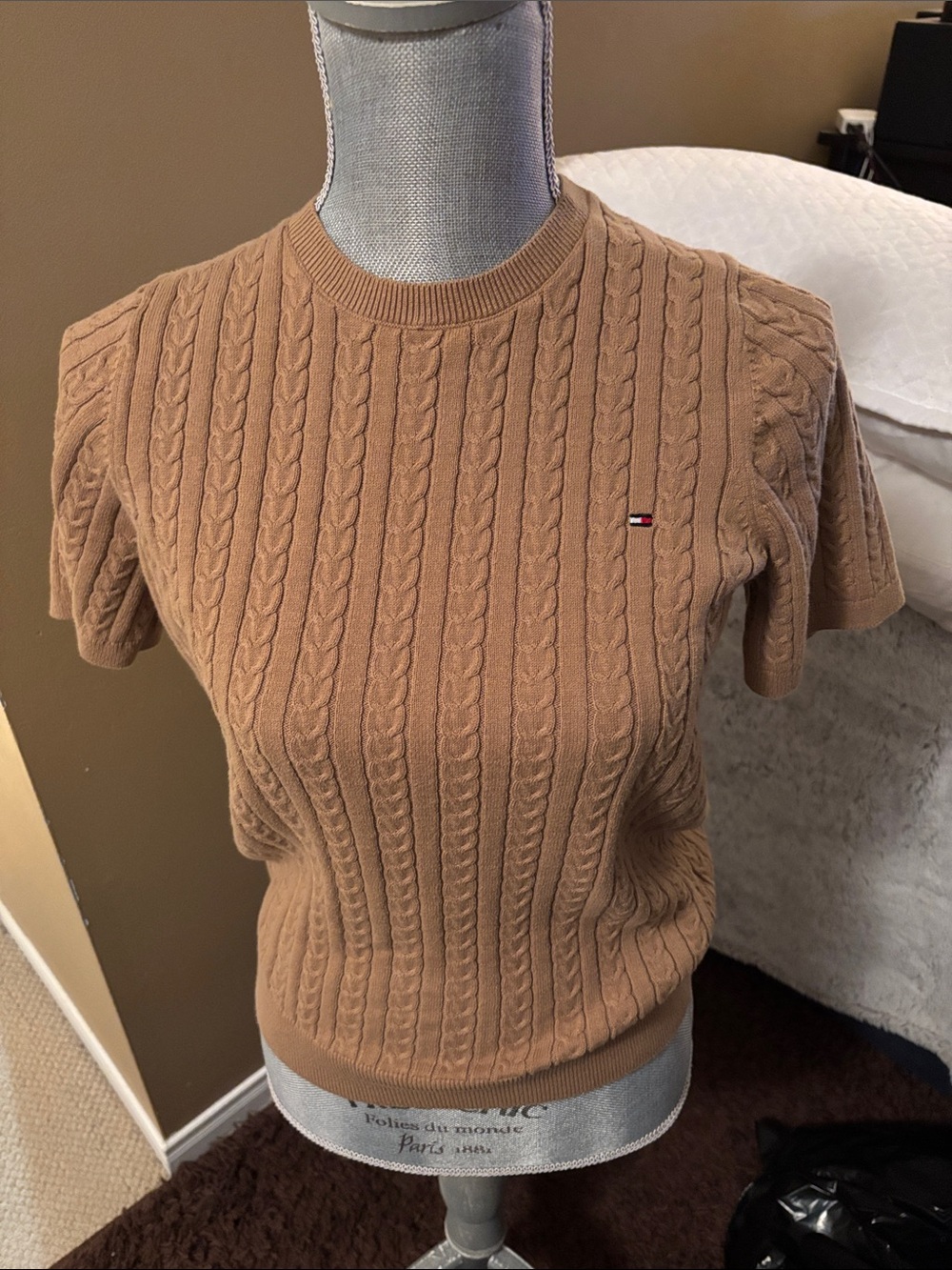 Tommy Hilfiger Cable Knit Short Sleeve Sweater - Camel Brown